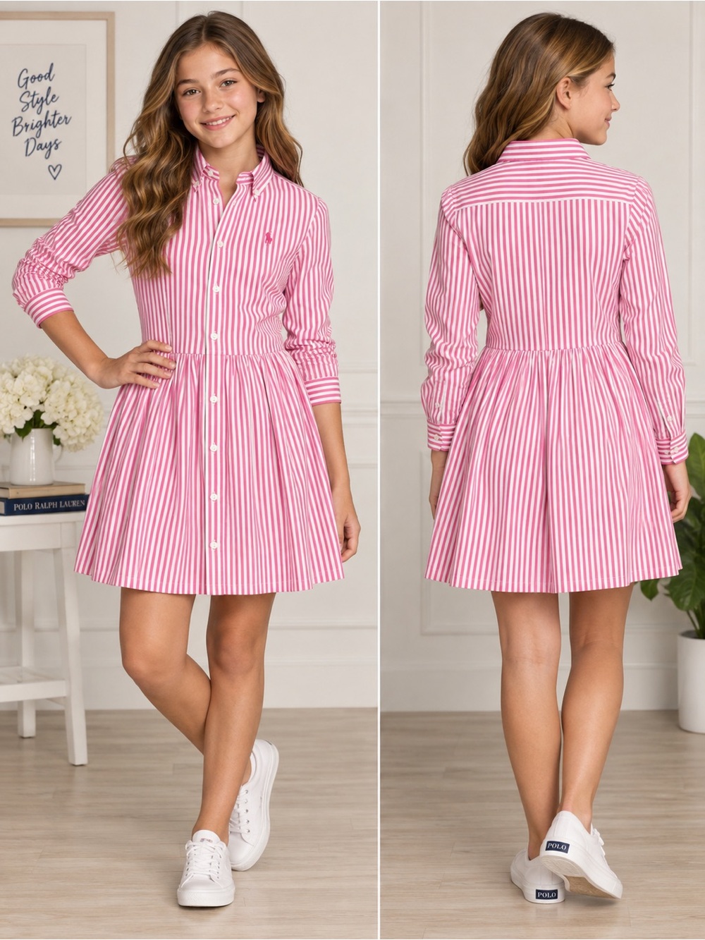 Polo Ralph Lauren Girls XL 16 Pink White Striped Cotton Shirt Dress